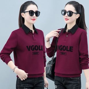 加绒加厚时尚百搭翻领长袖打底衫女宽松拼接假两件上衣短款卫衣