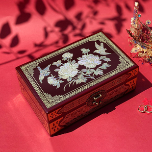 螺钿漆器首饰盒贝壳镶嵌轻奢国潮款 妆奁古风化妆盒结婚三金收纳盒