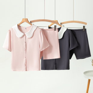 甜美娃娃领家居服纯色薄款 法式 套装 短裤 纯天丝睡衣女短袖