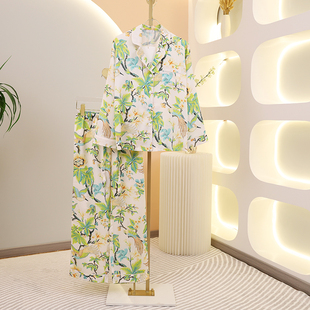 冰丝感家居服长袖 春秋丝质睡衣女秋季 跨境新款 套装 飞鸟图案