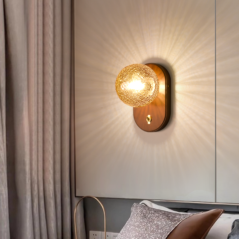 灯叙中古风美式胡桃木色壁灯床头背景墙灯冰裂纹复古过道氛围灯