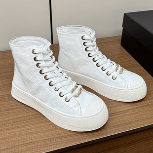 新款 2024年春季 休闲鞋 板鞋 真皮厚底金属标高低帮鞋 女鞋 百搭小白鞋