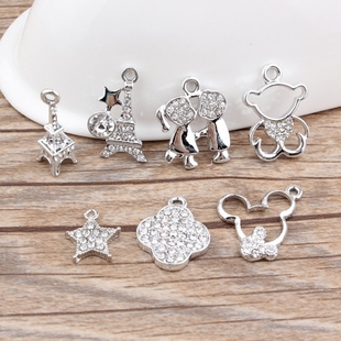 diy配件手链吊坠配饰 韩国精致白K色镶钻铁塔五角星小熊合金挂件