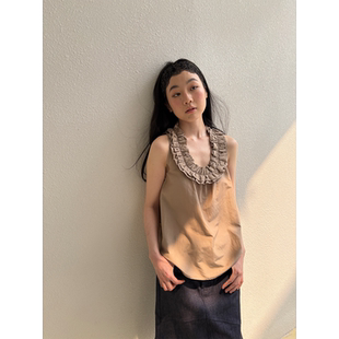 Softruler 丝棉 U型领重工花边削肩背心   蓝绿格子/卡其色