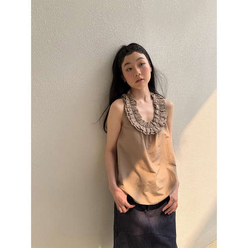 Softruler 丝棉 U型领重工花边削肩背心   蓝绿格子/卡其色