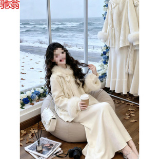 T8Y冬装搭配一整套大码胖mm新中式提花毛领毛呢外套鱼尾裙巨好看