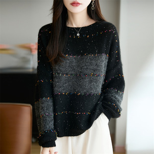 条纹毛衣女外穿宽松秋季新款韩版细闪亮片上衣圆领长袖女装针织衫