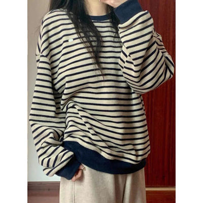 条纹圆领卫衣女秋冬2024