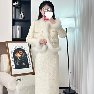 冬新款粉色新中式套装女羊毛服国风时尚气质小香风两件套