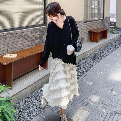 实拍黑色拼接连衣裙女春