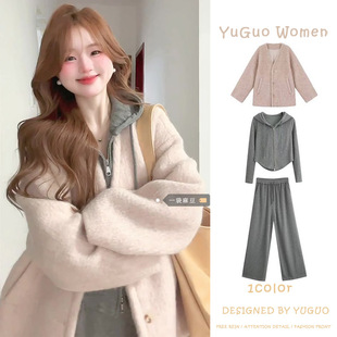 毛呢外套女秋冬ootd穿搭一整套韩系轻熟呢子套装感卫衣三件套