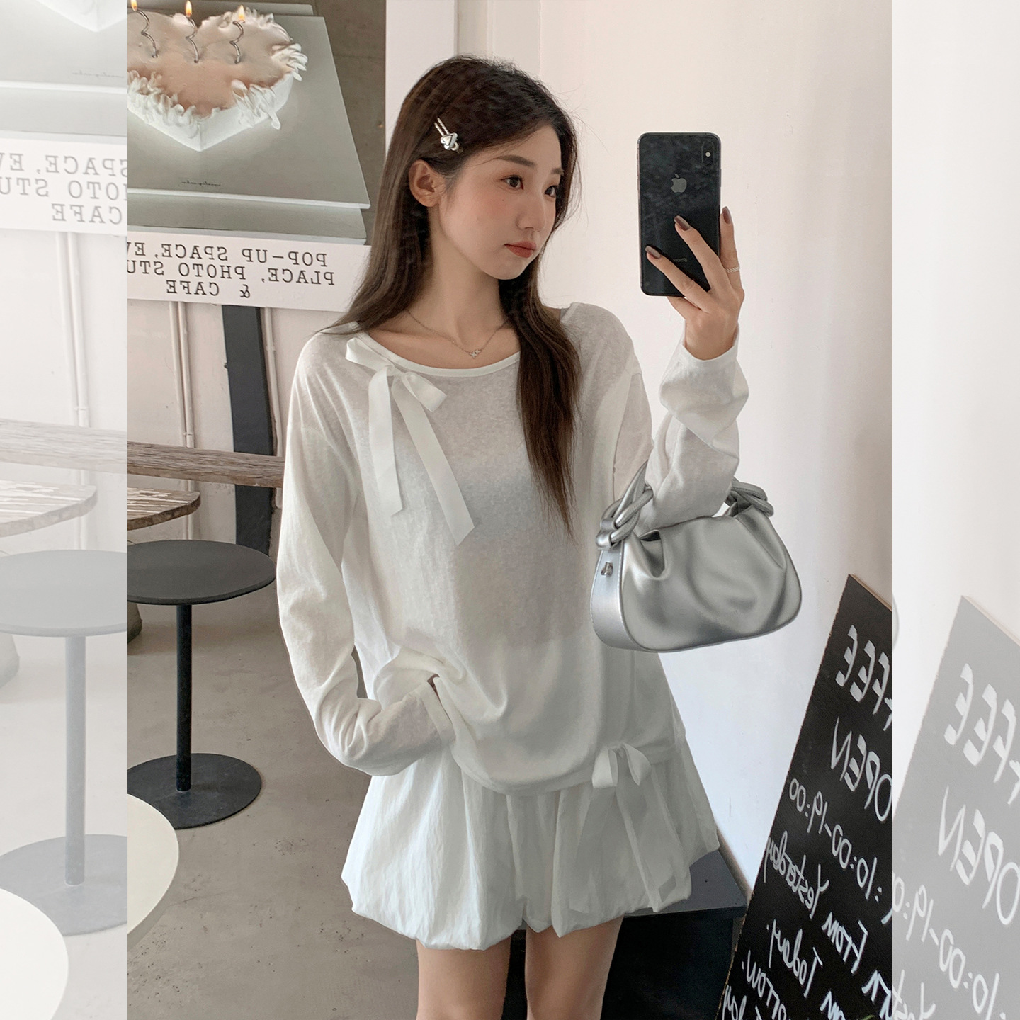 白色蝴蝶结系带圆领防晒