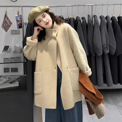2025新款双面羊毛大衣 中长款立领加厚系带大口袋羊绒双面外套女