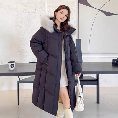 鹅绒羽绒服女2025冬新款狐狸毛领奶呼呼显瘦长款过膝加厚保暖外套