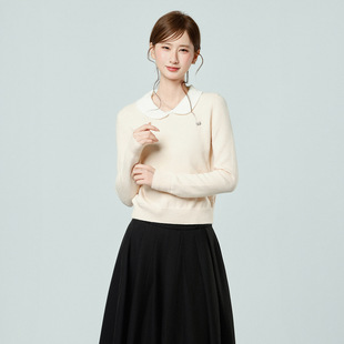 粉色甜美风娃娃领长袖针织衫毛衣冬季新款修身套头打底内搭上衣女