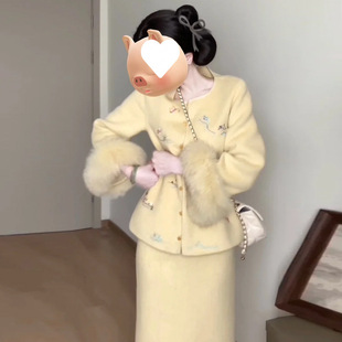 毛呢外套冬季半身裙子高级复古春新中式国风套装禅意刺绣两件套感
