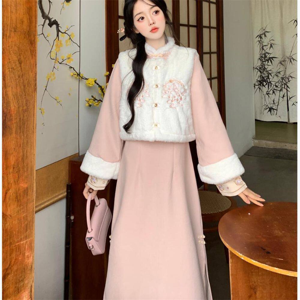 唐装新中式加绒改良旗袍少女2025秋冬季国风汉元素马甲连衣裙套装