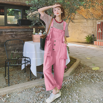 奶系粉色工装背带裤女夏