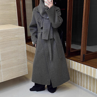 新款带围巾双面羊毛大衣 长款阔版腰带款式加厚保暖羊绒毛呢外套