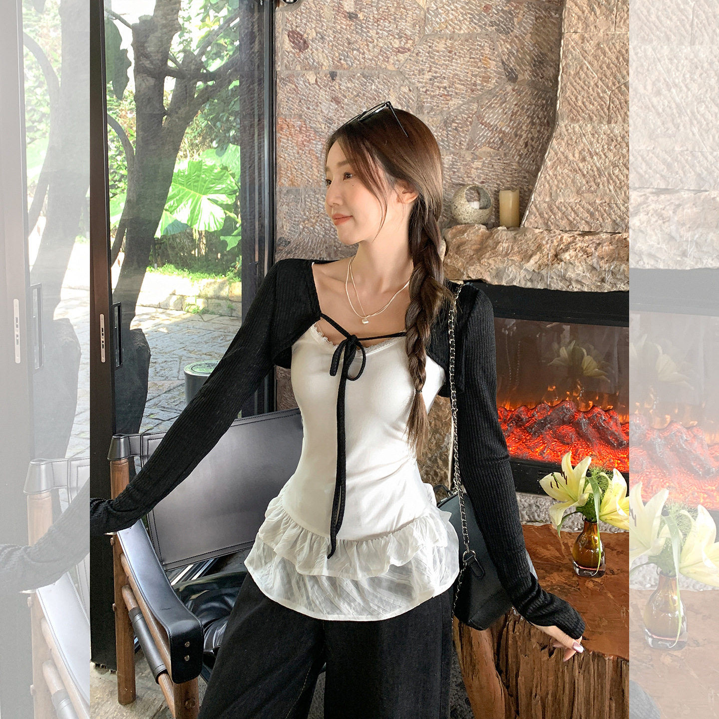 韩系巨好看U领花边下摆背心吊带女叠穿系带防晒开衫两件套上衣秋