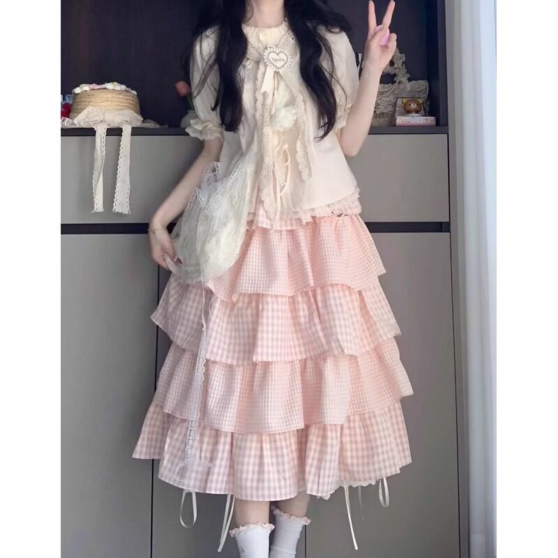 可爱甜妹多巴胺穿搭一整套女夏学院风绑带衬衫粉格子蛋糕裙两件套
