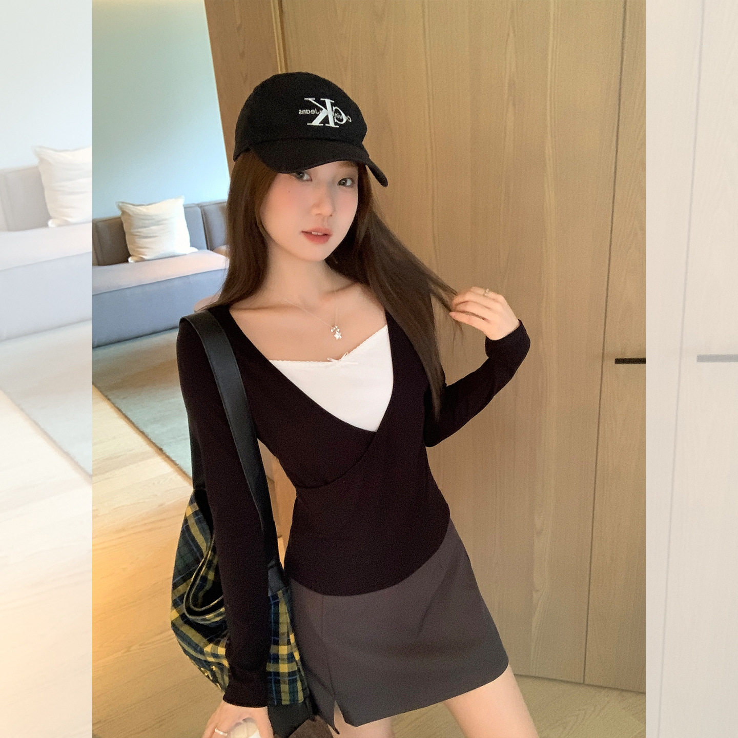 斯咏女装黑白撞色蕾丝拼接假两件长袖T恤打底衫内搭新款上衣女