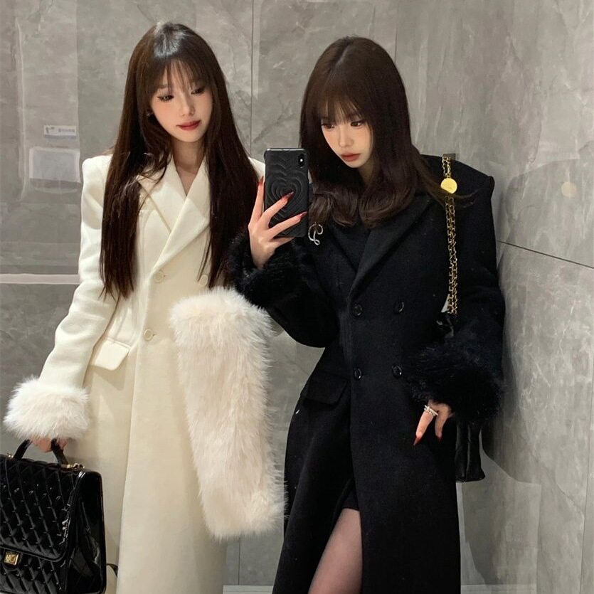 气质名媛中长款收腰呢子西装大衣冬季新款加厚保暖西服毛呢外套女