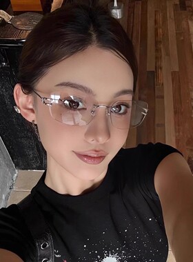 保罗雷朋官网高级感纯欲无框眼镜女显瘦大框素颜平光镜男金丝镜架