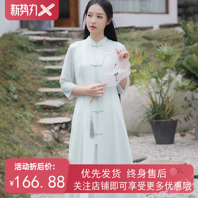 2021茶服春夏装女文艺复古改良旗袍禅意女装超仙女雪纺连衣裙民国