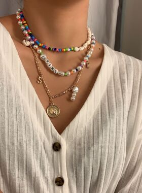 Hot trend欧美中性风街头小众个性金属3朵小花吊牌链条项链锁骨链