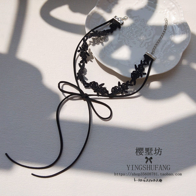 少女心蕾丝花朵蝴蝶结双层锁骨链
