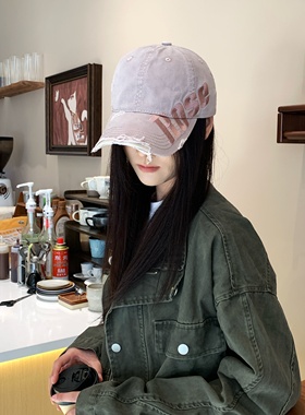 WBB复古废土风做旧鸭舌帽女大字母刺绣手工割破潮酷棒球帽子春夏