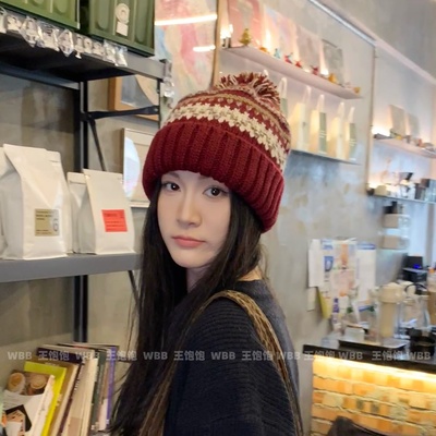 清新费尔岛针织帽护耳圣诞小红帽