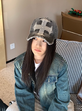 WBB硬核美式复古棒球帽女重工做旧潮牌十字架鸭舌帽子显脸小新款