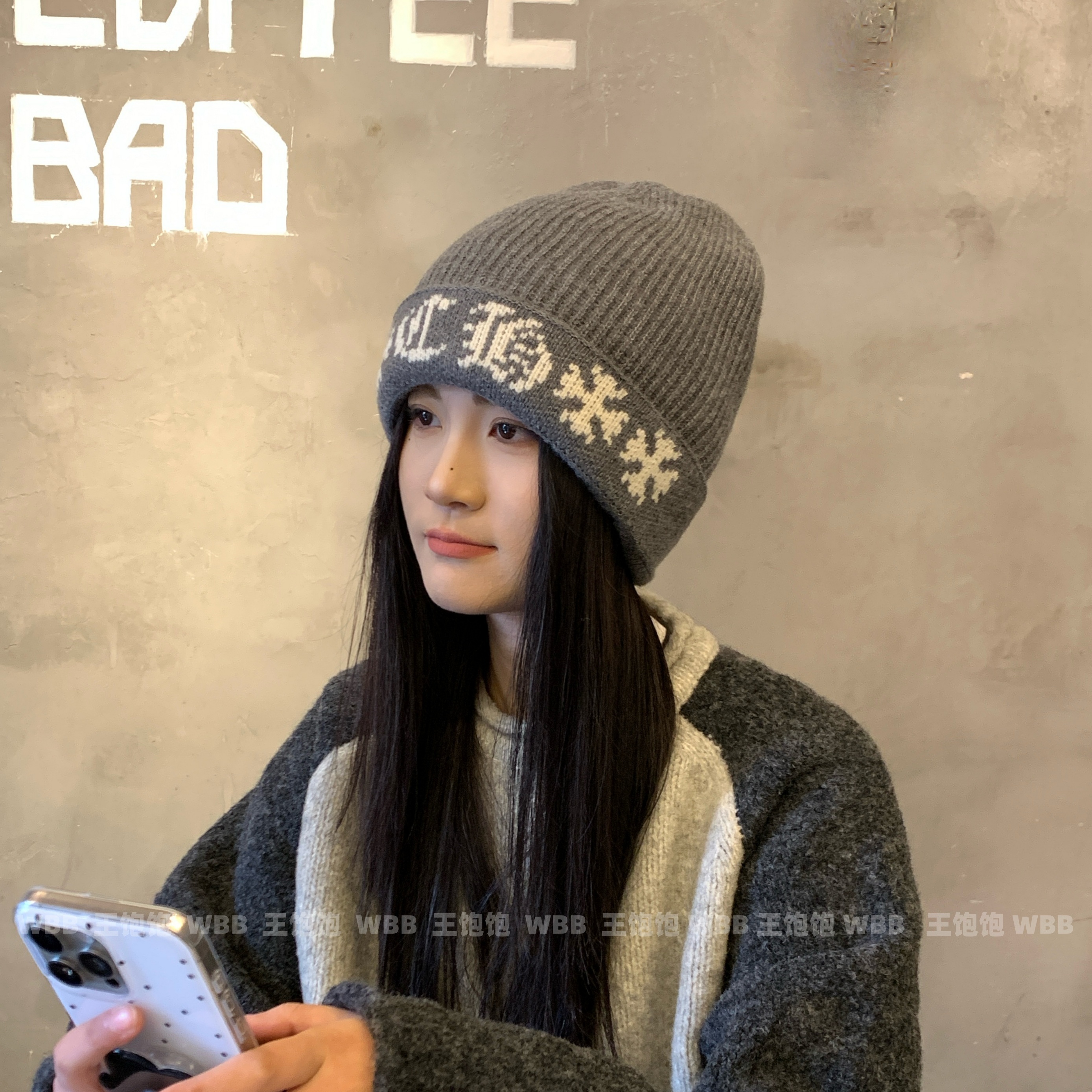 韩系简约字母毛线帽女加厚保暖帽
