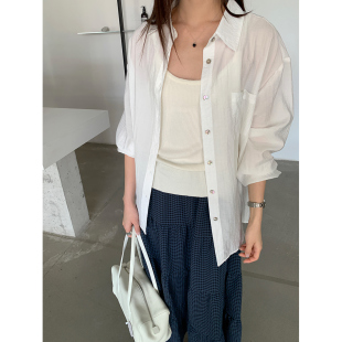 衬衫 防晒衬衣开衫 女夏季 宽松空调衫 薄款 轻薄肌理感锦棉混纺中长款