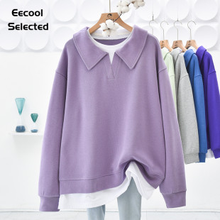 卫衣女春秋时尚 翻领POLO领叠穿假两件中长款 新款 纯棉重磅2026春季