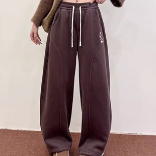 分割线显瘦窄版弯刀裤松紧腰卫裤加绒直筒阔腿裤女冬季宽松运动裤