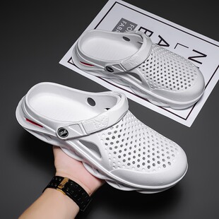 包头洞洞鞋男夏季透气白色凉拖鞋厚底俩用海南三亚度假便携沙滩鞋