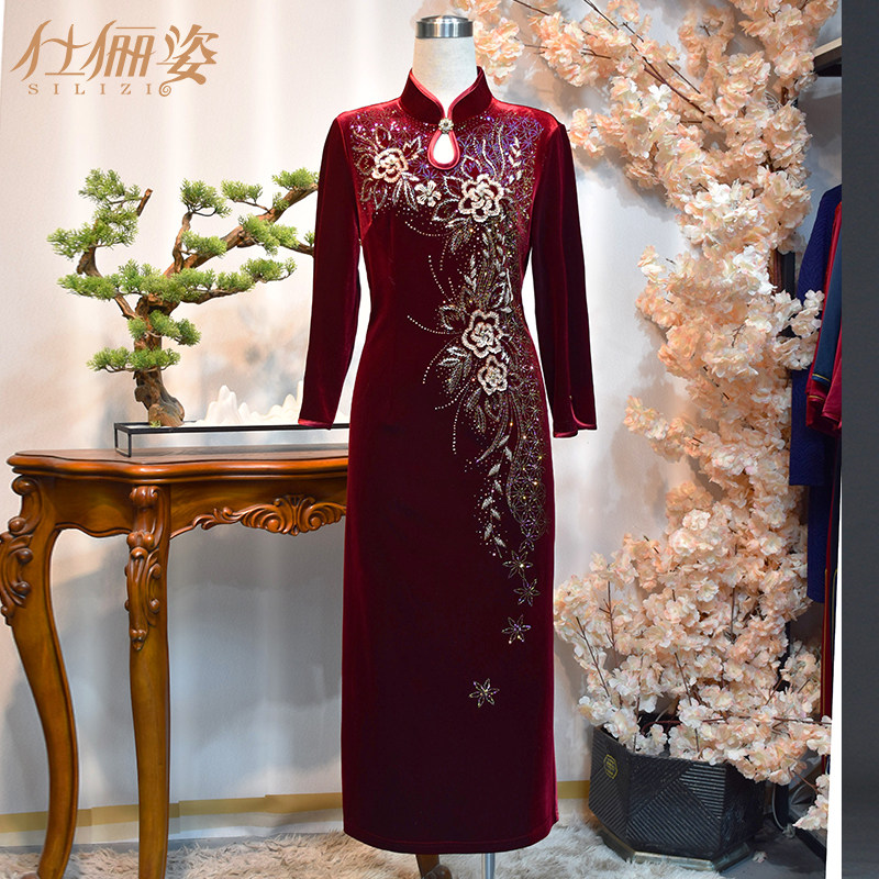 秋冬款轻奢高贵丝绒改良旗袍妈妈宴会礼服中式连衣裙保暖气质显瘦