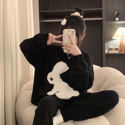 秋冬季睡衣女款加厚加绒半边绒可外穿套装宽松家居服两件套珊瑚绒