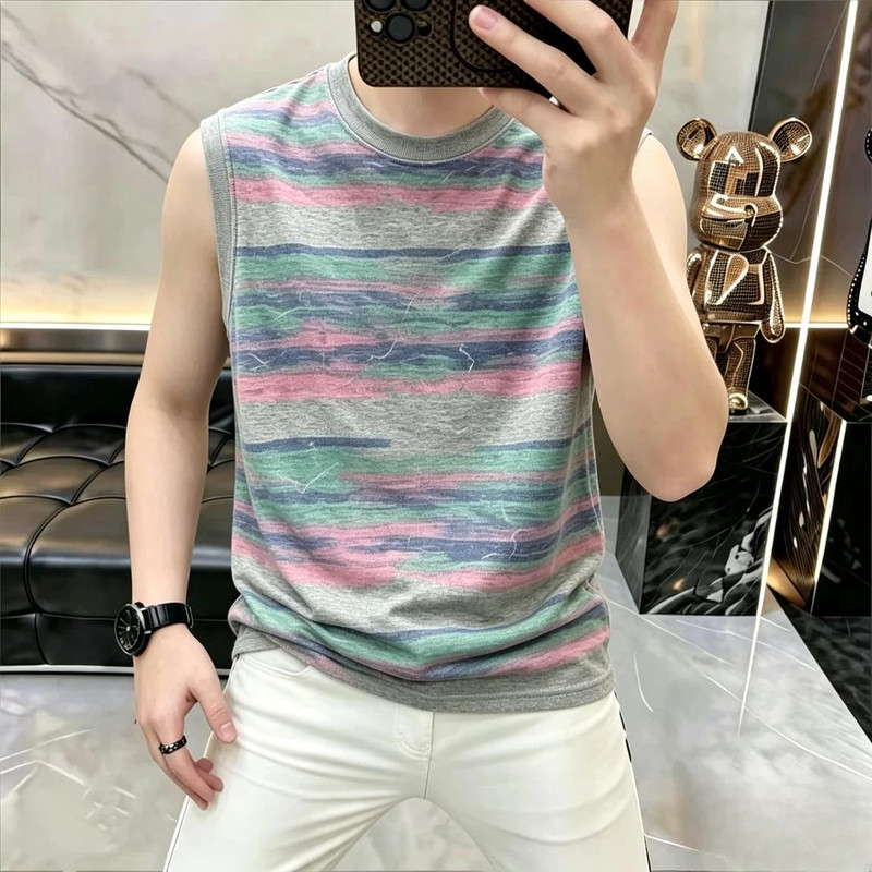2026新款简欧轻奢短袖无袖T恤夏季时尚条纹提花男女同款半袖修身