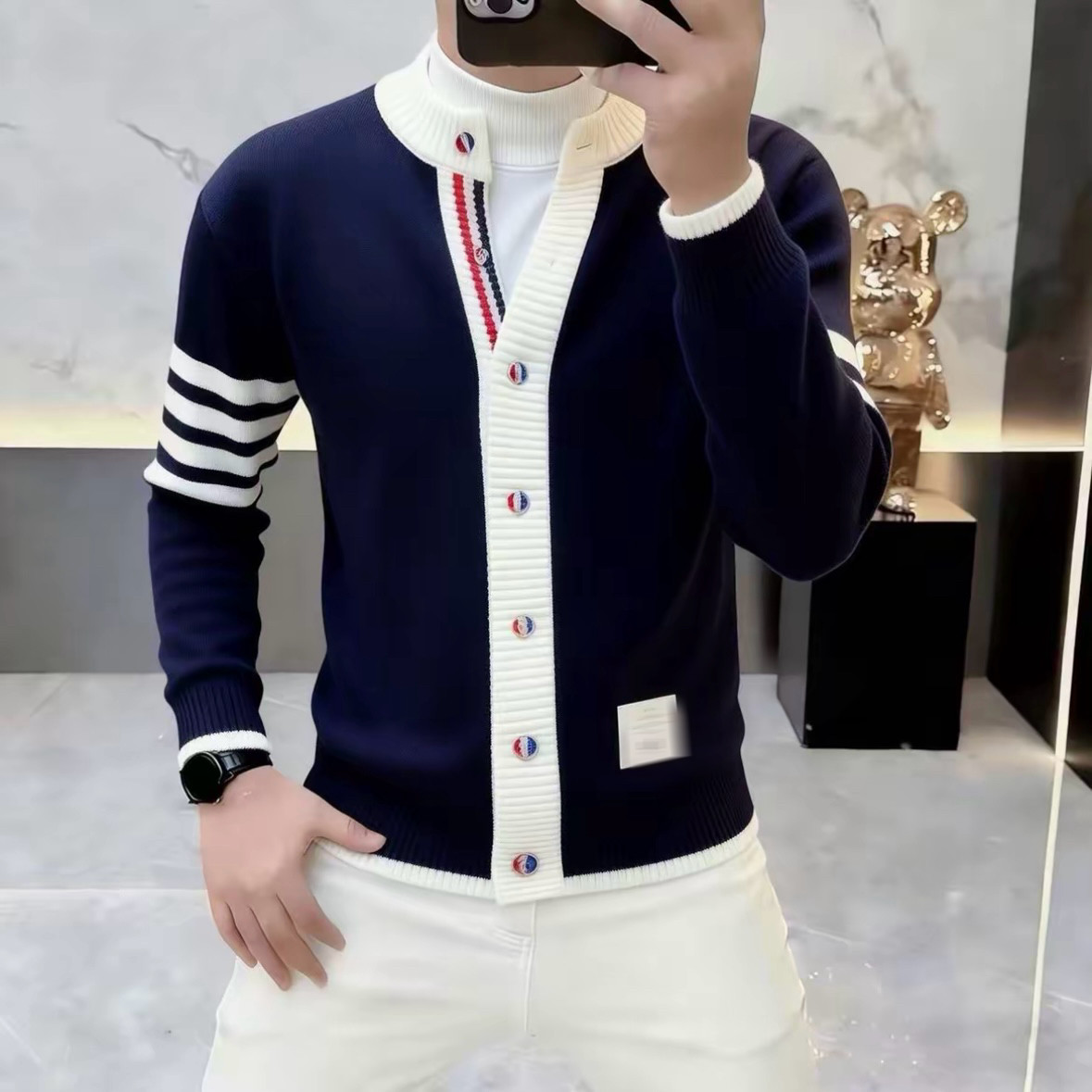 高档秋冬欧货圆领时尚针织开衫外套男士潮流百搭保暖毛衣男装2363