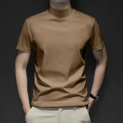 半高领短袖t恤男柔软丝滑修身纯色中领内搭半袖打底衫