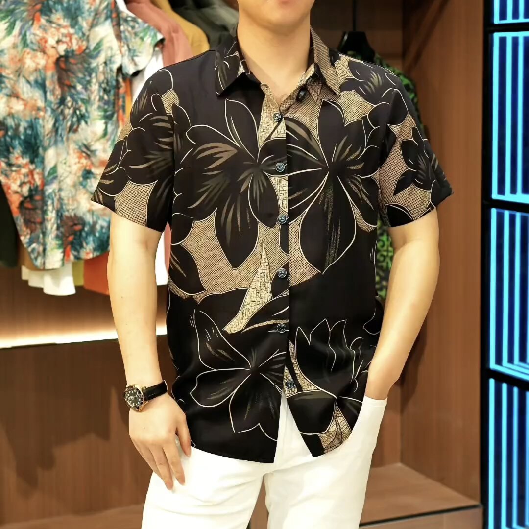 春夏季新款冰丝短袖衬衫男高弹力时尚印花男士男款美式衬衫