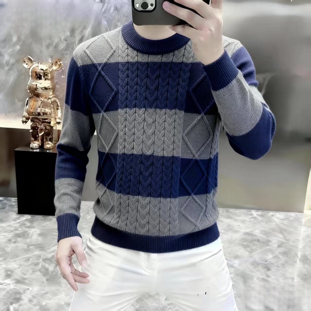 欧洲站2025时尚毛衣男秋冬长袖冬季保暖针织衫撞色圆领拼色线衣,男装,针织衫/毛衣,淘宝优惠券,粉丝福利购,淘宝优惠卷