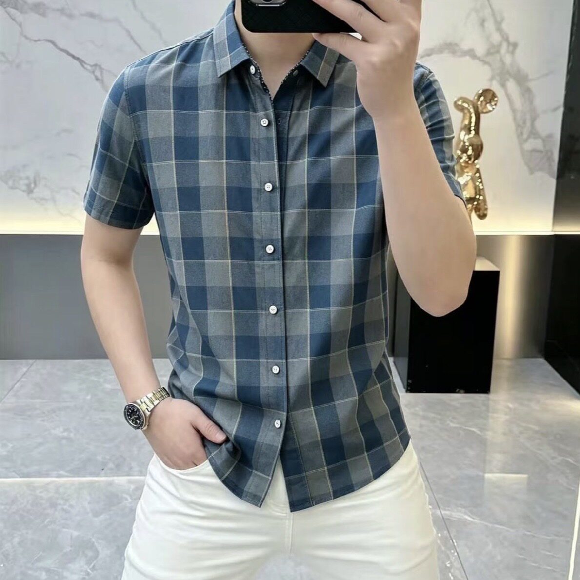 M高档男士夏季潮流印花短袖衬衫休闲时尚透气痞帅个性D1905