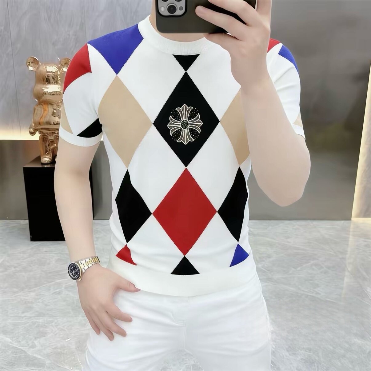 2026夏季新款男士高品质半袖撞色轻奢针织百搭打底时尚圆领短袖