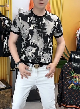 2026夏季新款时尚潮流男士提花圆领短袖T恤百搭22611