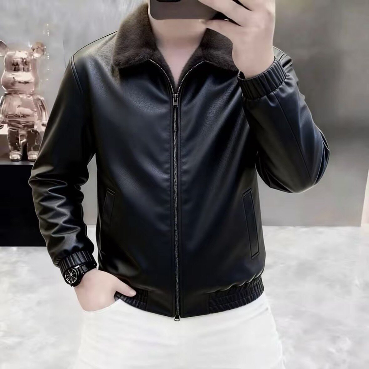 高档加绒加厚皮衣外套男士冬季新款潮流保暖皮夹克时尚男装2692